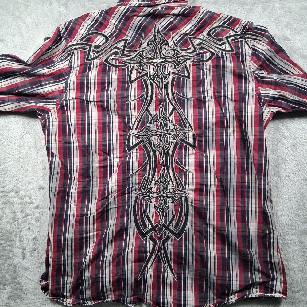 Roar Shirt Mens 2XL Red Plaid Cross Embroidered Western Pearl Snap Rockabilly